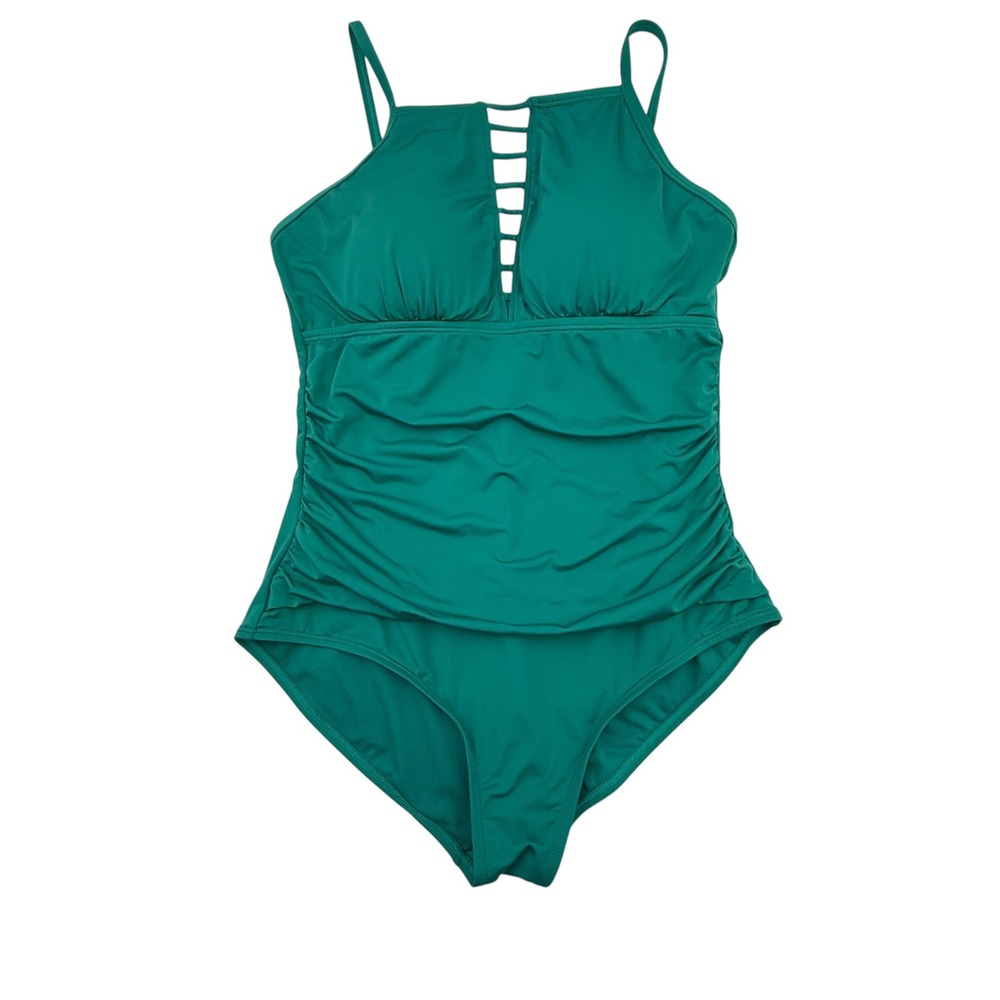 Jantzen One Piece Swimsuit Women 14 Green Strappy Ruched High Neck Tummy Control